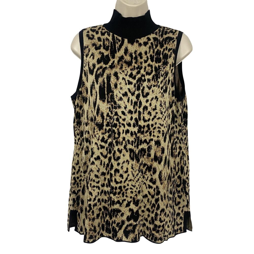Chicos Mock Neck Sweater Size 2 Large Black Leopard Sleeveless‎ Cashmere Blend